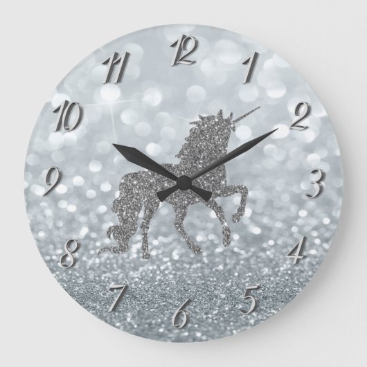 Eleganter Silver Glitzer Bokeh , Einhorn Große Wanduhr (Vorderseite)
