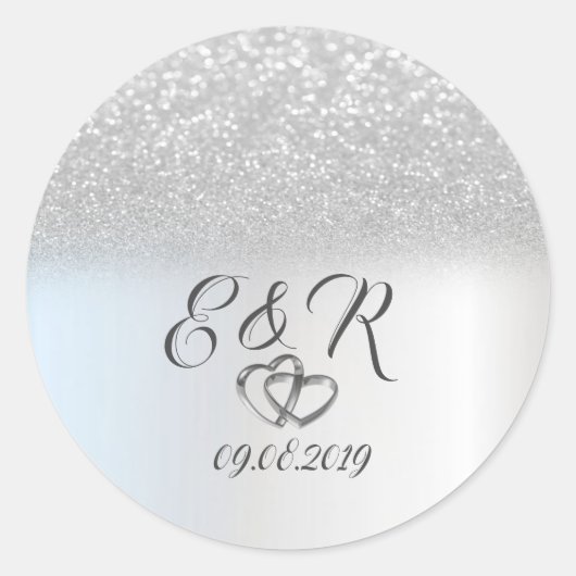 Eleganter Silver Glitzer Bokeh, Hearts Wedding Runder Aufkleber (Vorderseite)