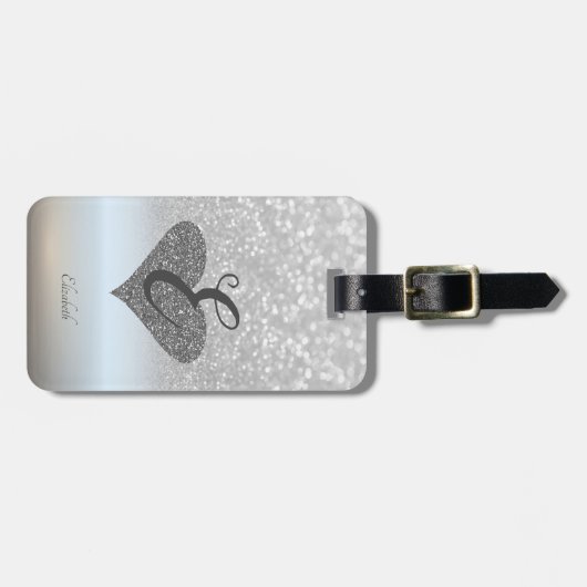 Eleganter Silver Glitzer Bokeh, Herz, Monogramm Gepäckanhänger (Vorderseite horizontal)