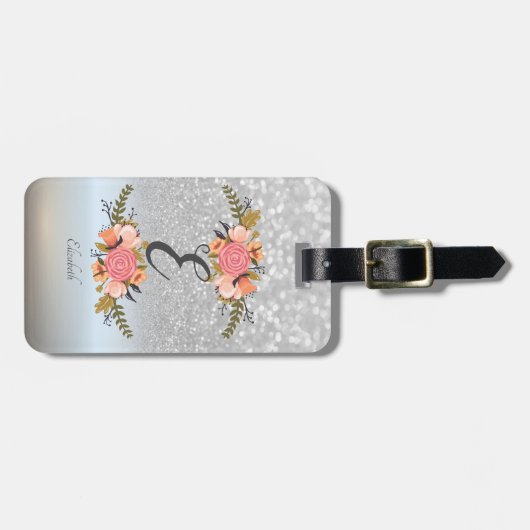 Eleganter Silver Glitzer Bokeh, Monogramm, Blume Gepäckanhänger (Vorderseite horizontal)