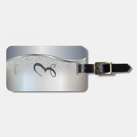Eleganter Silver Glitzer Bokeh , Monogramm Gepäckanhänger (Vorderseite horizontal)