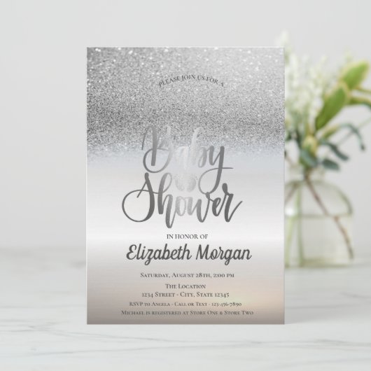 Eleganter Silver Glitzer Bokeh Ombre Babydusche Einladung (Stehend Vorderseite)