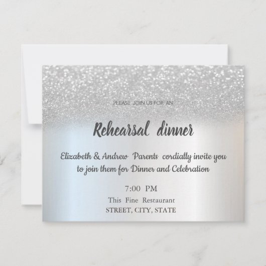 Eleganter Silver Glitzer Bokeh Probe Abendessen Einladung (Vorderseite)
