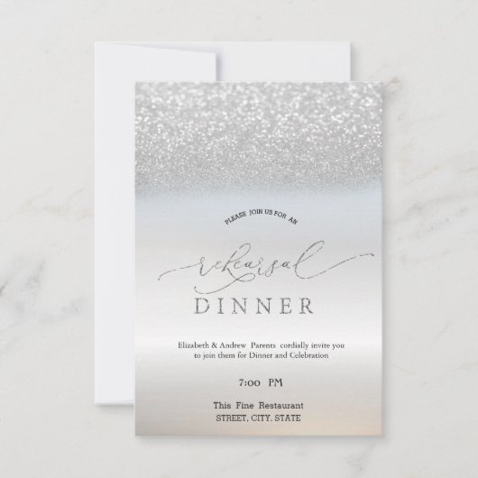 Eleganter Silver Glitzer Bokeh Probe Abendessen Einladung (Vorderseite)