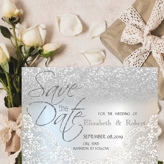 Eleganter Silver Glitzer Bokeh, Spitze Save the Da Date