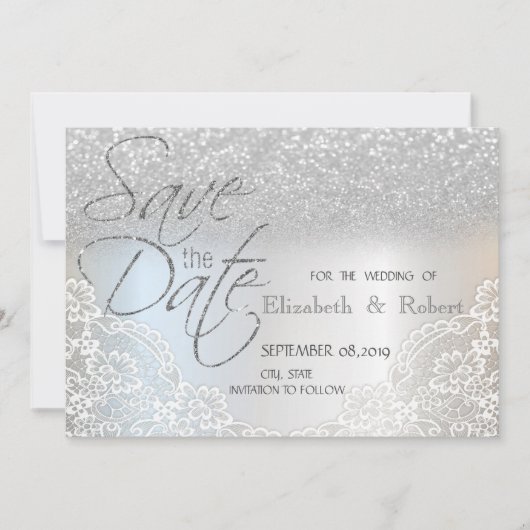 Eleganter Silver Glitzer Bokeh, Spitze Save the Da Date (Vorderseite)