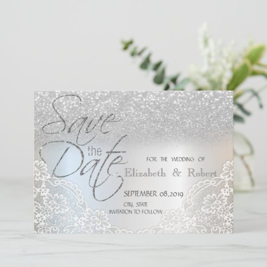 Eleganter Silver Glitzer Bokeh, Spitze Save the Da Date (Stehend Vorderseite)