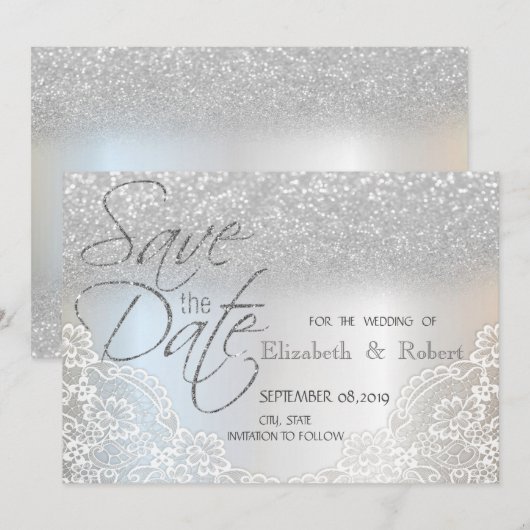 Eleganter Silver Glitzer Bokeh, Spitze Save the Da Date (Vorne/Hinten)
