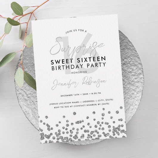 Eleganter Silver Glitzer Confetti Überraschung Swe Einladung