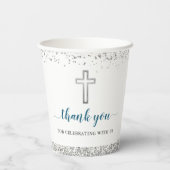 Eleganter Silver Glitzer Cross First Holy Communio Pappbecher (Rückseite)