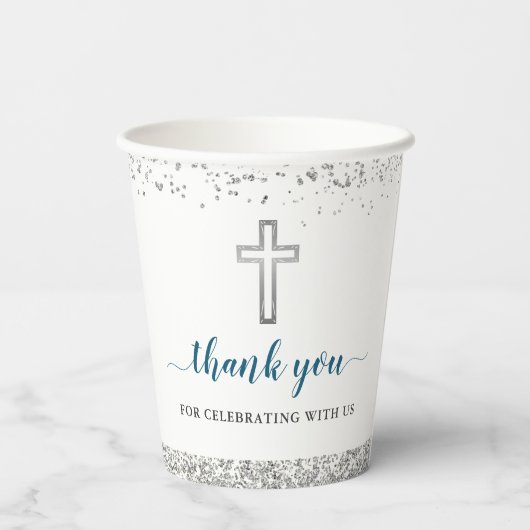 Eleganter Silver Glitzer Cross First Holy Communio Pappbecher (Rückseite)