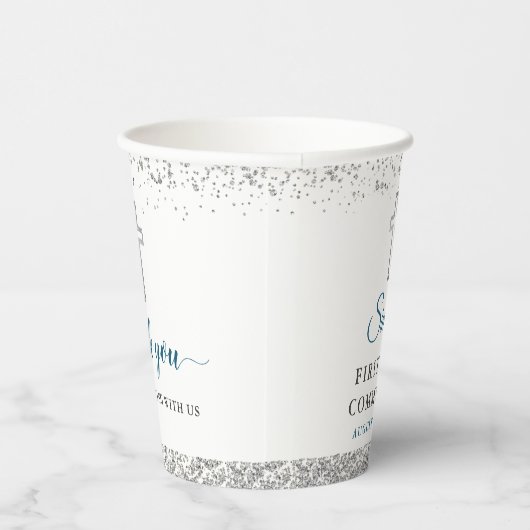 Eleganter Silver Glitzer Cross First Holy Communio Pappbecher (Rechts)