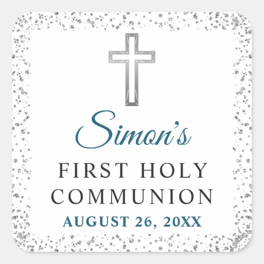 Eleganter Silver Glitzer Cross First Holy Communio Quadratischer Aufkleber (Vorderseite)