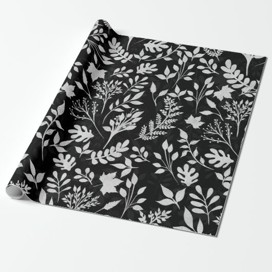 Eleganter Silver Glitzer Foliage Black Design Case Geschenkpapier (Ungerollt)
