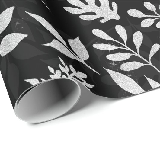 Eleganter Silver Glitzer Foliage Black Design Case Geschenkpapier (Rolleneckpunkt)