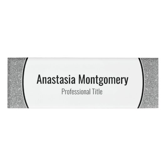 Eleganter Silver Glitzer Glitzern Black Text Namenschild (Vorderseite)