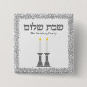 Eleganter Silver Glitzer Hebrew Shabbat Shalom Ges Button (Vorderseite)