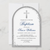 Eleganter Silver Glitzer Navy Blauer Taufbogen Einladung (Vorderseite)