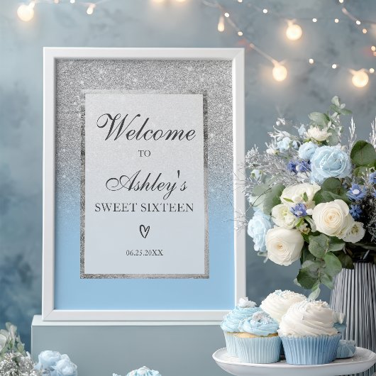 Eleganter Silver Glitzer ombre Blue Sweet 16 Willk Poster