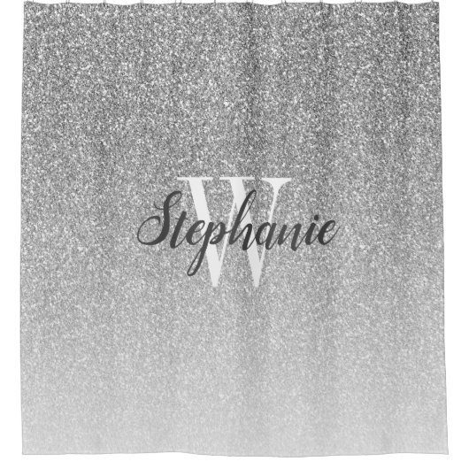 Eleganter Silver Glitzer Ombre Monogram Duschvorhang (Vorderseite)