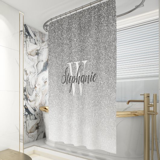 Eleganter Silver Glitzer Ombre Monogram Duschvorhang