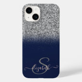 Eleganter Silver Glitzer Ombre, Navy Blue Monogram Case-Mate iPhone Hülle (Rückseite)