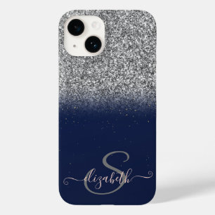 Eleganter Silver Glitzer Ombre, Navy Blue Monogram Case-Mate iPhone 14 Hülle