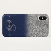 Eleganter Silver Glitzer Ombre, Navy Blue Monogram Case-Mate iPhone Hülle (Rückseite (Horizontal))