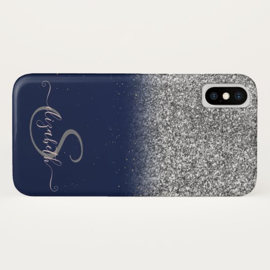 Eleganter Silver Glitzer Ombre, Navy Blue Monogram Case-Mate iPhone Hülle (Rückseite (Horizontal))