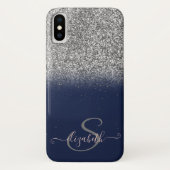Eleganter Silver Glitzer Ombre, Navy Blue Monogram Case-Mate iPhone Hülle (Rückseite)