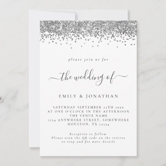 Eleganter Silver Glitzer QR Code Einladung Hochzei (Vorderseite)
