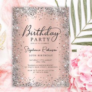 Eleganter Silver Glitzer Rose Gold 10. Geburtstag Einladung