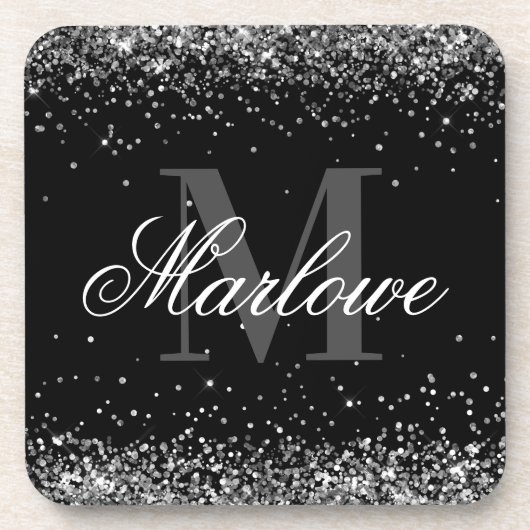 Eleganter Silver Glitzer Schwarz-weiß Monogram Getränkeuntersetzer (Vorderseite)