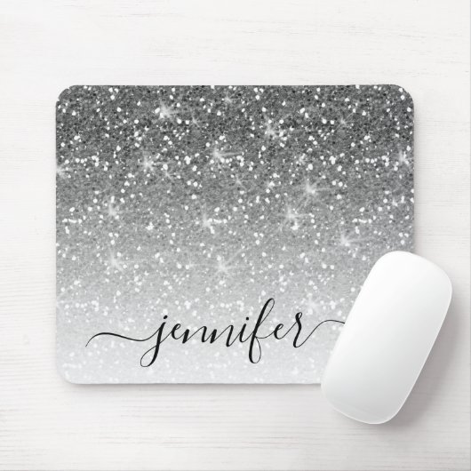 Eleganter Silver Glitzer Sparkle Ihr Name Mousepad (Mit Mouse)