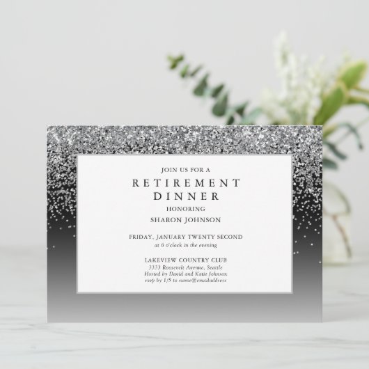 Eleganter Silver Glitzer Sparkle Pension Einladung (Stehend Vorderseite)