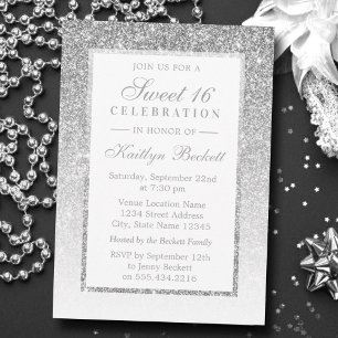 Eleganter Silver Glitzer Sweet 16 Geburtstag Einladung