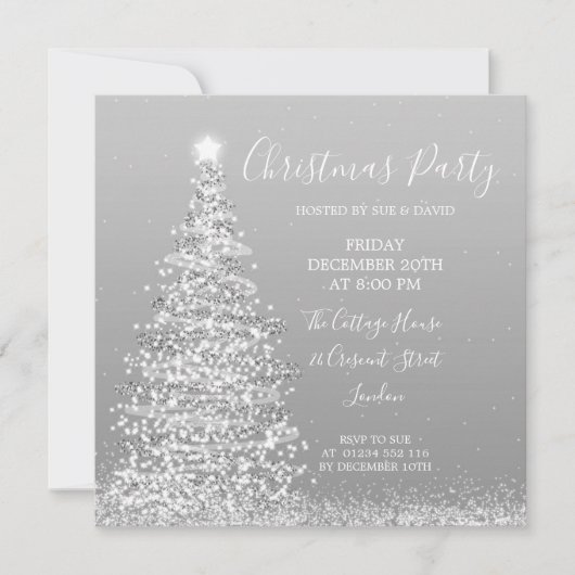 Eleganter Silver Glitzer Tree Weihnachtsfest Party Einladung (Vorderseite)