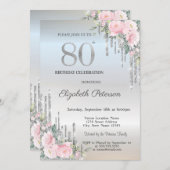 Eleganter Silver Glitzer Tropfen Rose 80. Geburtst Einladung (Vorne/Hinten)