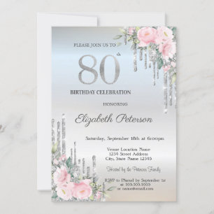 Eleganter Silver Glitzer Tropfen Rose 80. Geburtst Einladung