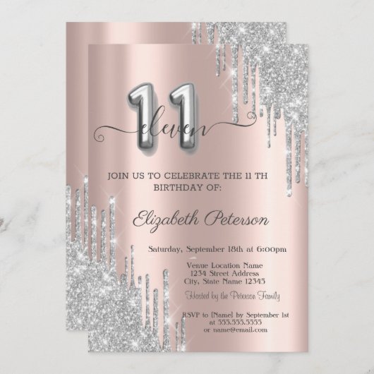 Eleganter Silver Glitzer Tropfen Rose Gold 11. Einladung (Vorne/Hinten)
