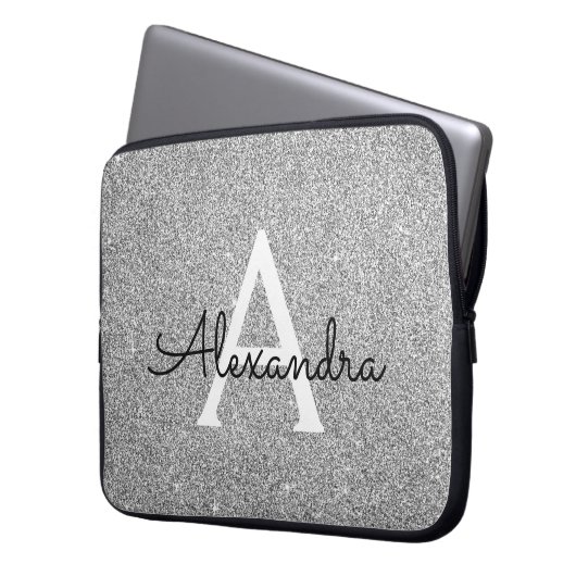 Eleganter Silver Glitzer und Sparkle Monogram Laptopschutzhülle (Vorderseite Links)