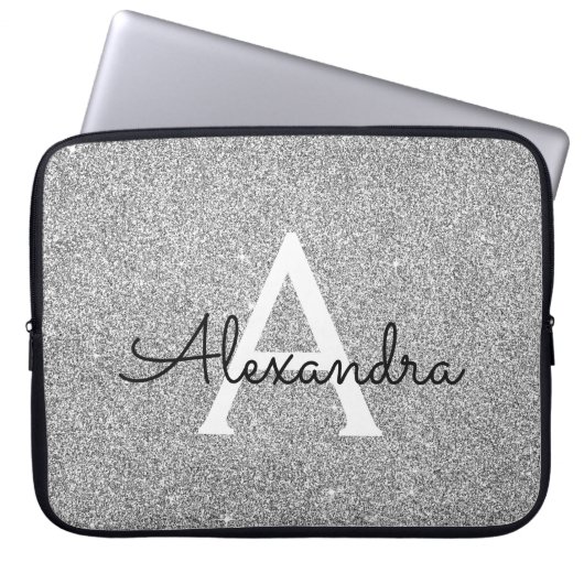 Eleganter Silver Glitzer und Sparkle Monogram Laptopschutzhülle (Vorderseite)