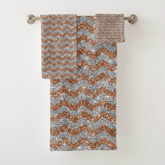 Eleganter Silver Gold Glitzer Zickzack Zig Zag Des Badhandtuch Set (Insitu)