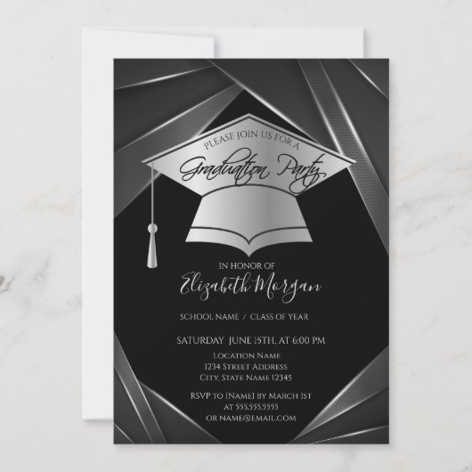 Eleganter Silver Grad Cap Black Abschluss Einladung (Vorderseite)