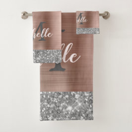 Eleganter Silver Gray Glitzer Tropfen Mit Monogram Badhandtuch Set