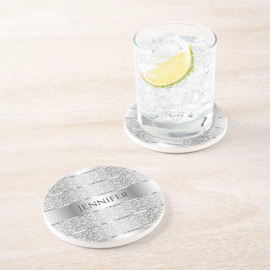 Eleganter Silver Gray Stripes Monogram Untersetzer (Seite)