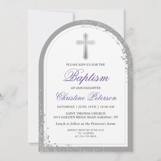 Eleganter Silver Lavender Lila Taufe Arch Einladung (Vorderseite)
