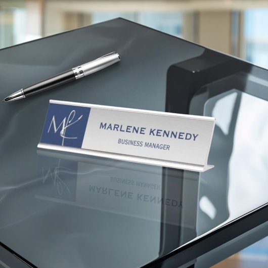 Eleganter Silver Monogram Navy Blue Metal Desk Schreibtischnamensplakette