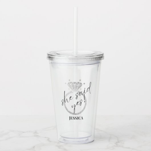 Eleganter Silver Ring Sie sagte ja Verlobung Acryltrinkbecher (Vorderseite)