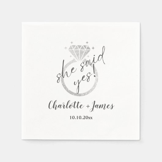 Eleganter Silver Ring Sie sagte ja Verlobung Serviette (Vorderseite)